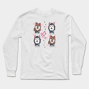 4 Husky Dogs with Hearts Long Sleeve T-Shirt